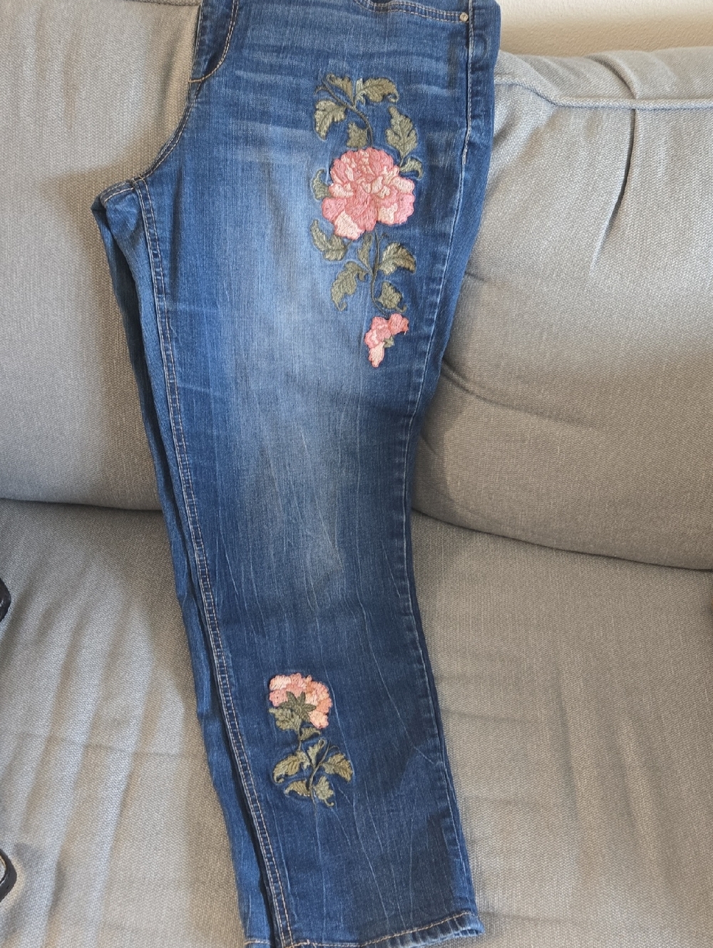 Vintage America Dark Blue Bestie Jeans with Pink Floral Embroidery - Picture 2 of 7